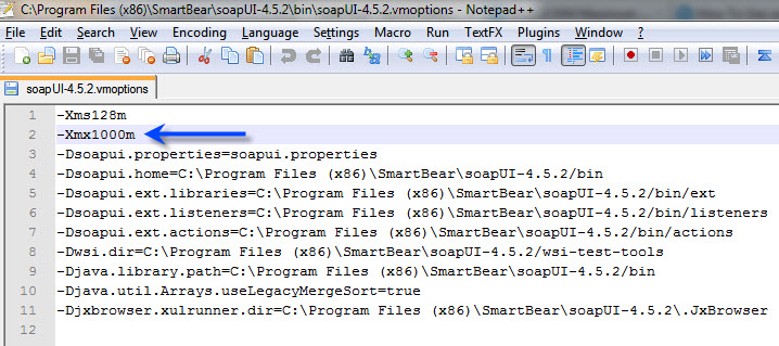 soapUI Java Heap Size Issue - edit soapUI-4.5.2.vmoptions