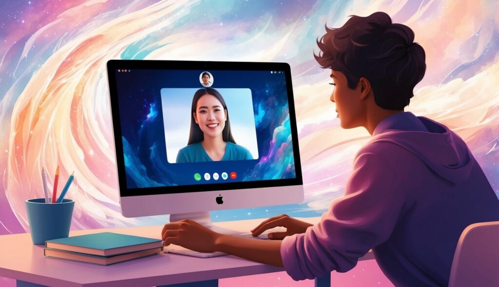 a test manager sits at a desk, talking on a video call on a MacBook. The screen displays the face of the person they are speaking to