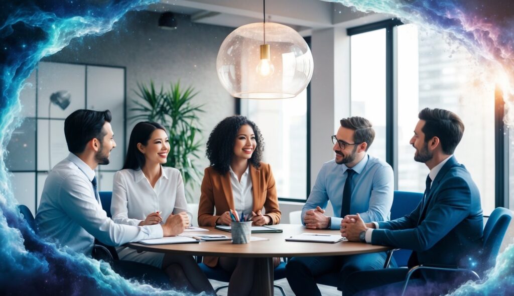 A female test manager engages in a lively discussion with three individuals in a professional office setting