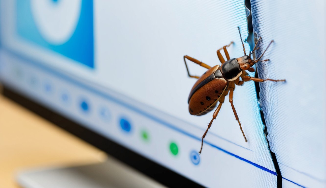 A bug crawling on a computer screen, while a crack in the screen represents a defect