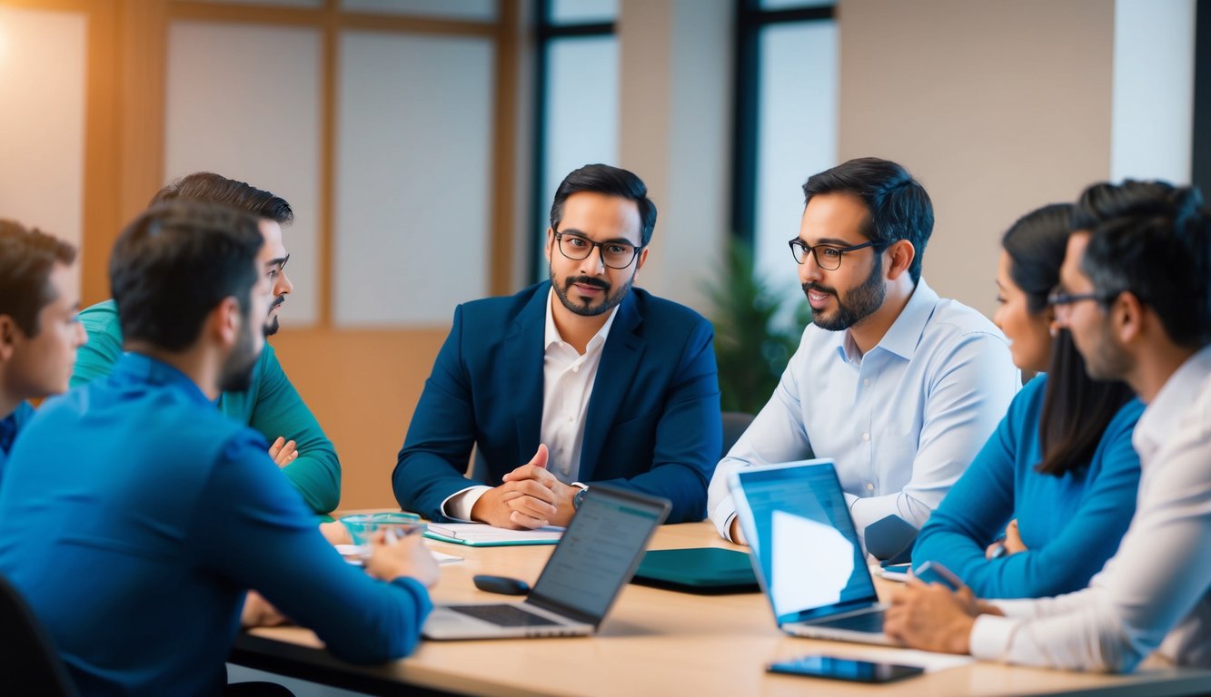 A test lead leading a team in a Scrum meeting, discussing software testing interview questions and strategies