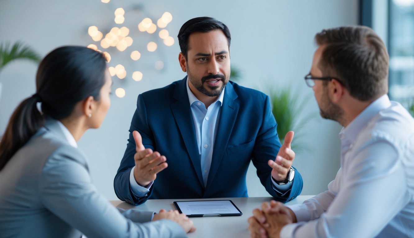 A test manager calmly addressing a frustrated stakeholder's concerns during a software testing interview