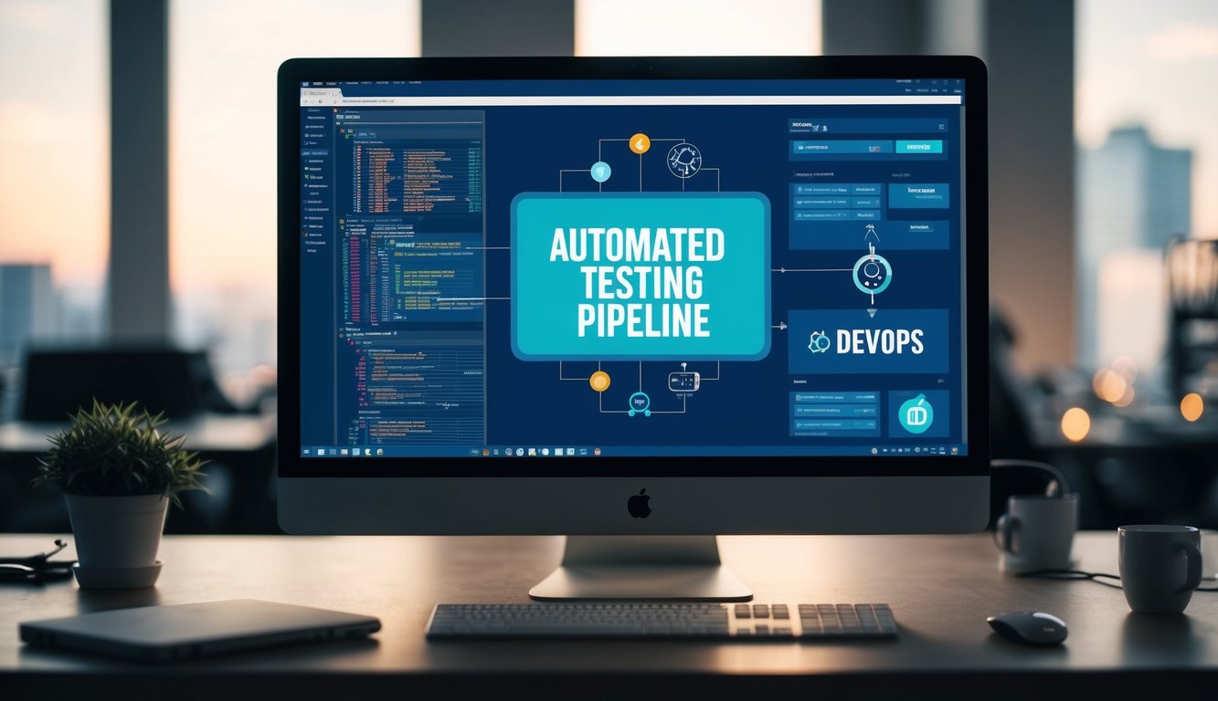 A computer screen displaying automated testing tools integrated with DevOps pipeline